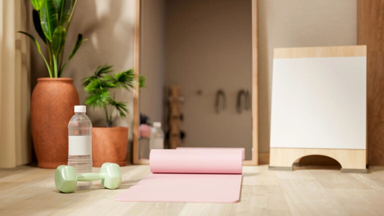 Minimalist home workout scene with a rolled yoga mat, light green dumbbell, and water bottle in soft natural light beside indoor plants.