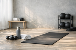 Minimalist workout setup with yoga mat, dumbbells, and water bottle in sunlit studio