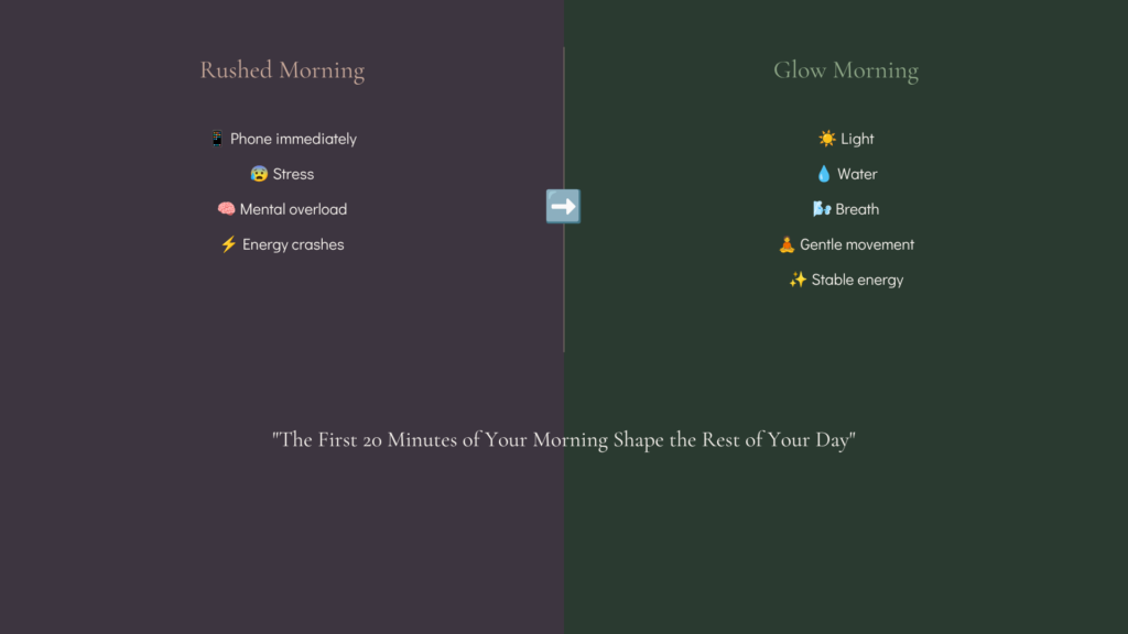 Split graphic comparing a rushed morning with stress and phone use to a calm glow morning with light, water, breath, and gentle movement.