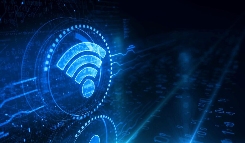 Glowing blue Wi‑Fi symbol with digital binary background
