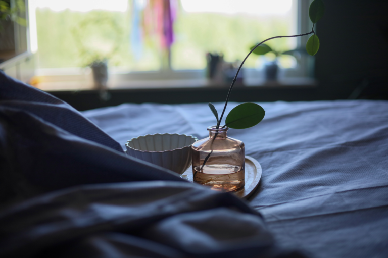 Soft morning light filters through a window onto a neatly made bed, featuring a small glass vase with a green plant on a wooden tray, creating a calm, minimalist wellness atmosphere.