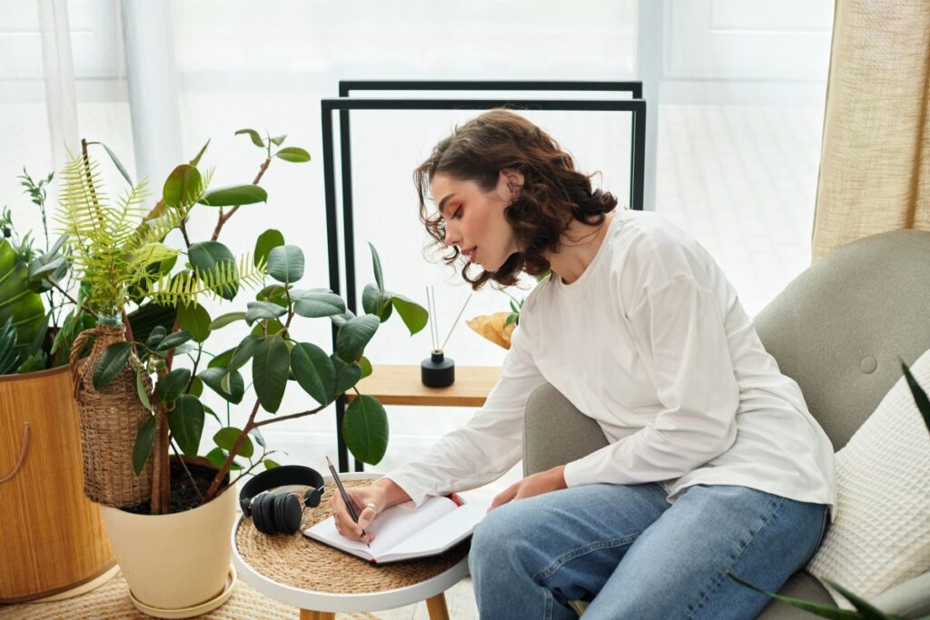 Woman journaling at a small table surrounded by lush indoor plants in soft natural light, creating a calm and cozy wellness space.