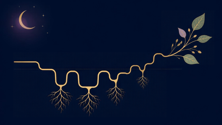 Gold line tracing the stages of a night’s sleep, with roots beneath the deep-sleep dips and a leafy branch at the end, on a dark indigo background.