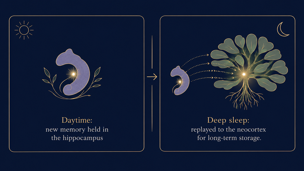 Diagram of sleep architecture at work: during deep sleep, new memories replay from the hippocampus to the neocortex for long-term storage.