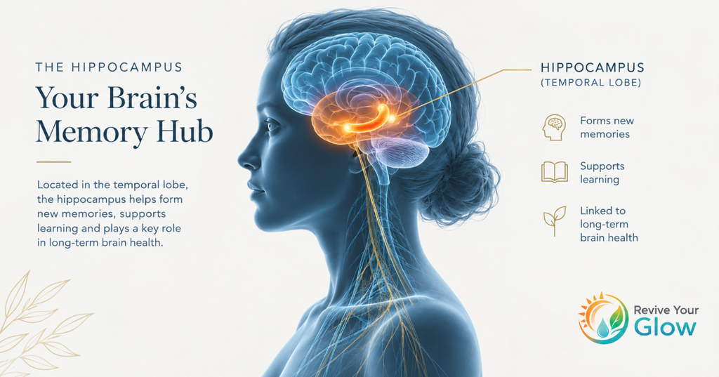 Infographic of a woman’s profile with the hippocampus highlighted in the temporal lobe as the brain’s memory hub