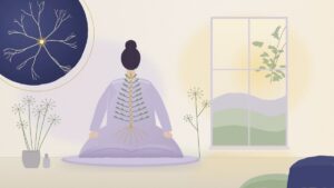 Illustration of a woman seated by a window with a golden botanical spine, symbolizing how to rebuild trust in your body