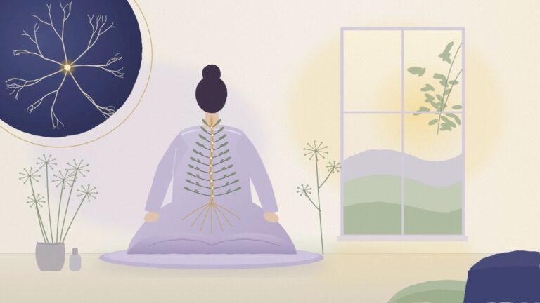 Illustration of a woman seated by a window with a golden botanical spine, symbolizing how to rebuild trust in your body